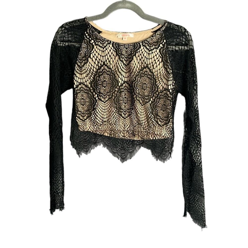 Luxxel Black Lace Cropped Top With Nude Lining Long Sleeves Medium